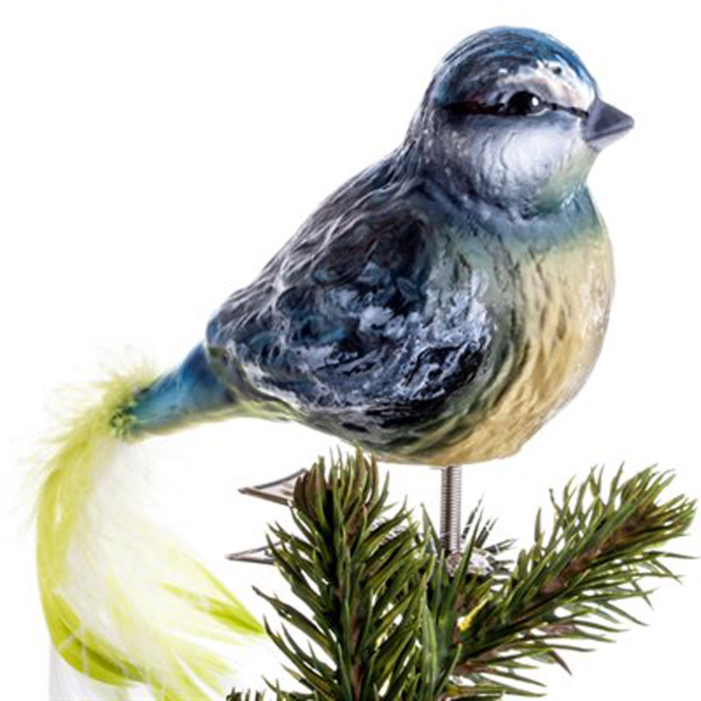 Brink Nordic Fugl mundblæst glaspynt - Blåmejse ca.15cm med flot halefjer