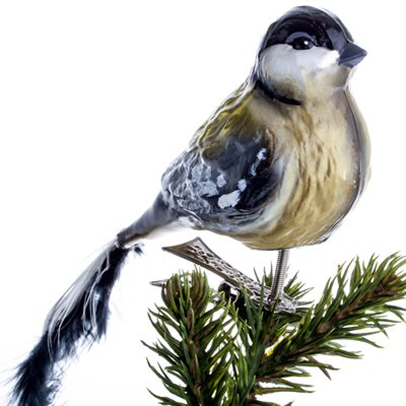 Brink Nordic Fugl mundblæst glaspynt - Musvit ca.15cm med flot halefjer