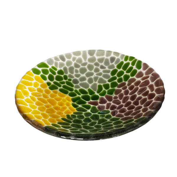 Marianne Lynge glaskunst - skål "Dots" Grøn - Purple - Okker